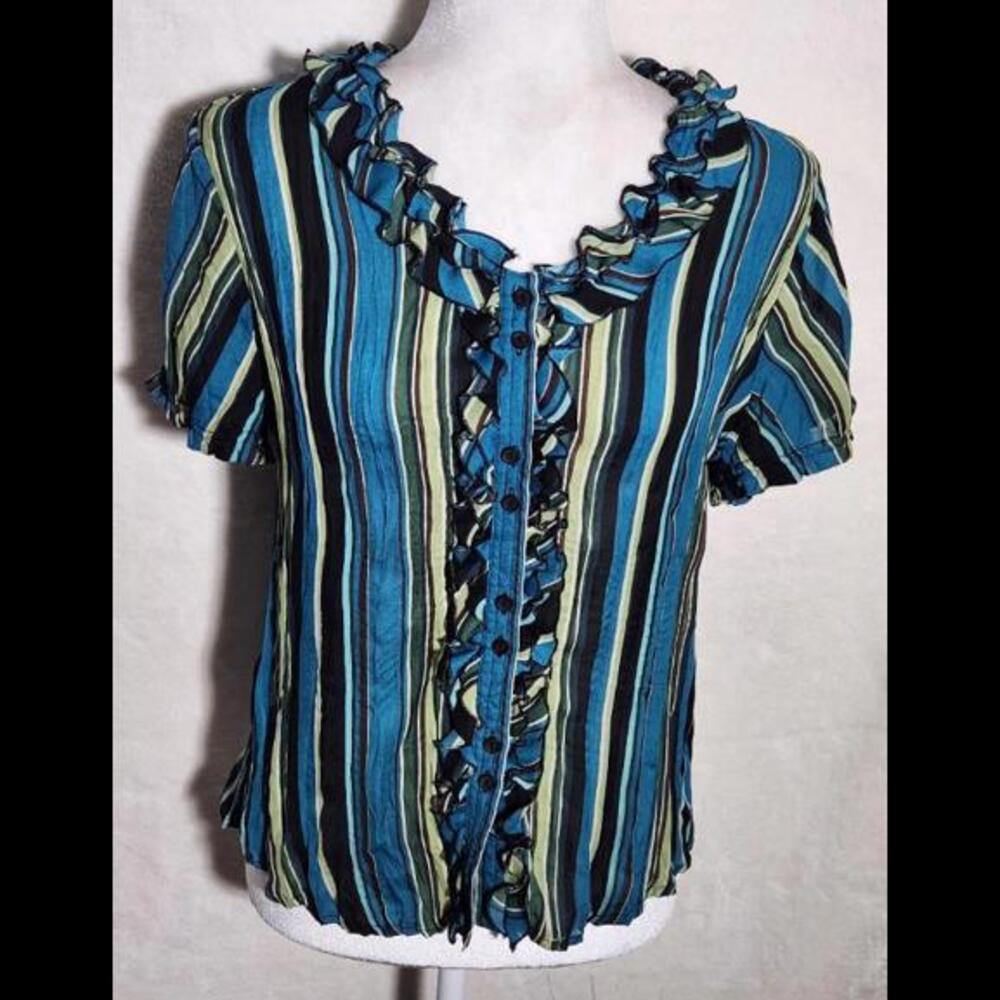 (GB16) Sunny Leigh ruffle striped button blouse, M